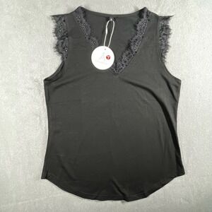 Anarriess Lace Trim Tank Top Sleeveless V‎ Neck Blouse Black Size S